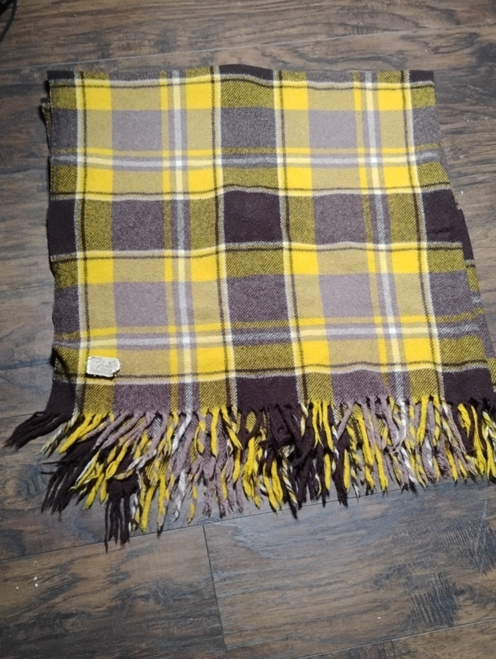 Plaid Fringe Throw Blanket -wool Yellow and Brown